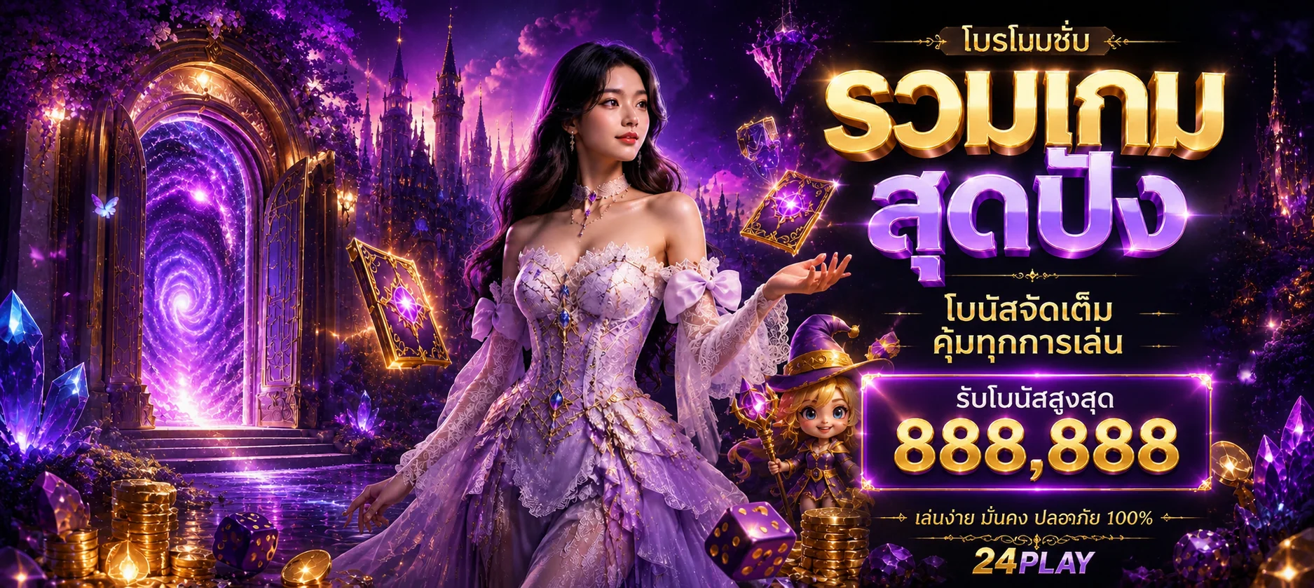 แบนเนอร์โปรโมชั่น 24PLAY โทนม่วงทองพร้อมตัวละครแฟนตาซี